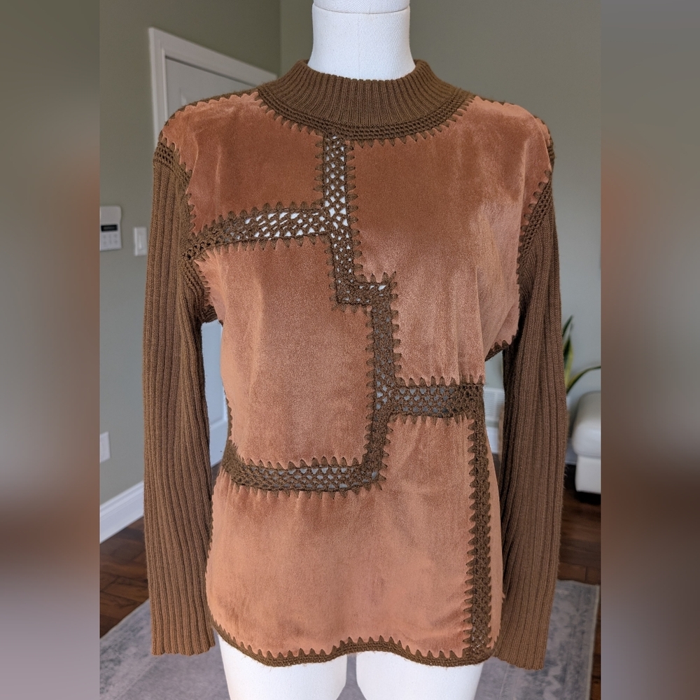 Vintage Valenti Women’s Suede Patchwork Knit Sweater Boho Brown Leather Size L - Picture 2 of 16